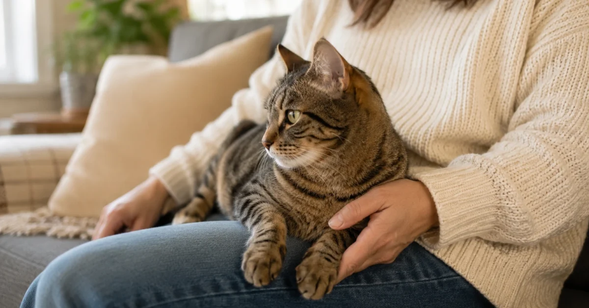 A relaxed domestic cat sitting comfortably on its owner’s lap at home.