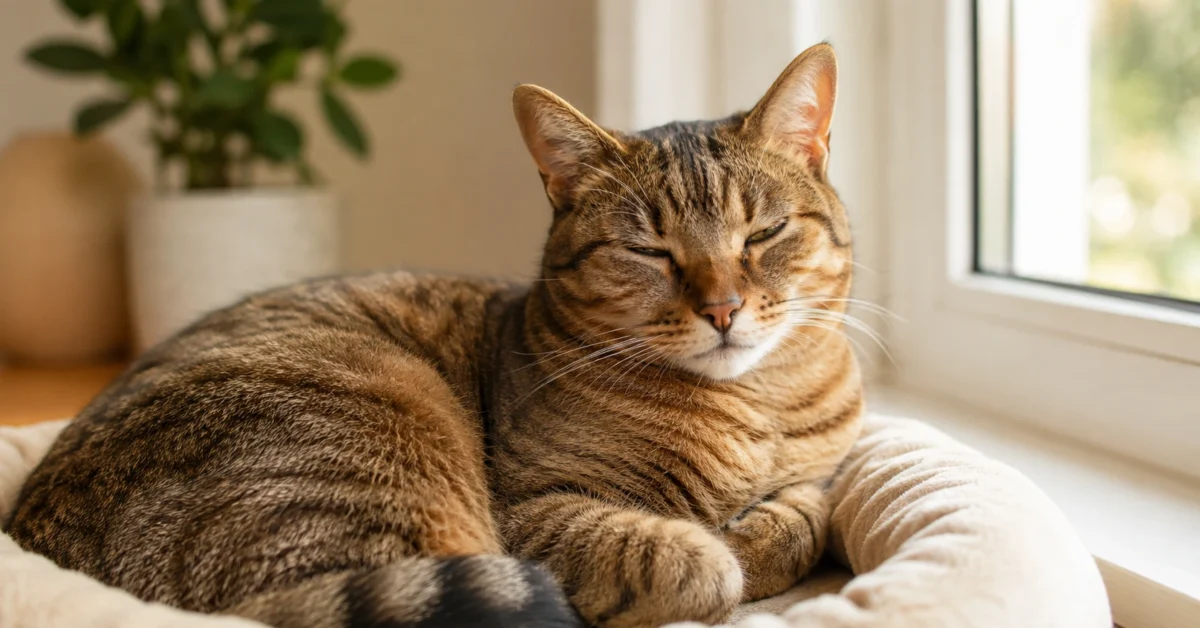 Warm brown mackerel tabby cat resting calmly near a window with soft relaxed eyes.