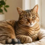 Warm brown mackerel tabby cat resting calmly near a window with soft relaxed eyes.