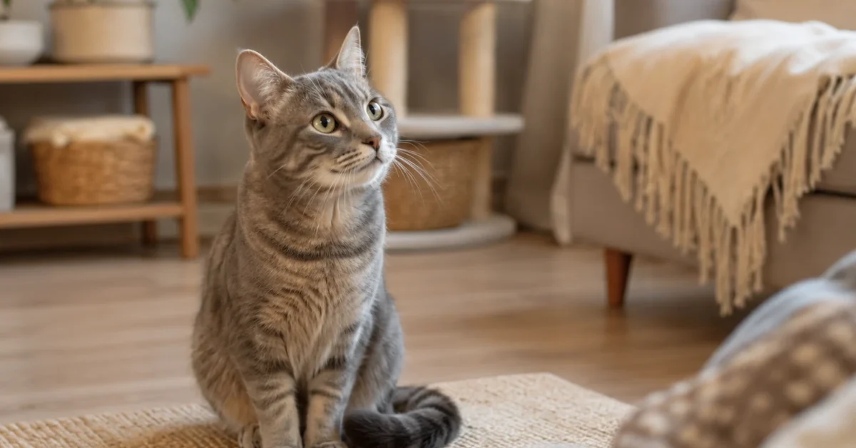 A calm domestic cat looking toward its owner in a cozy home setting