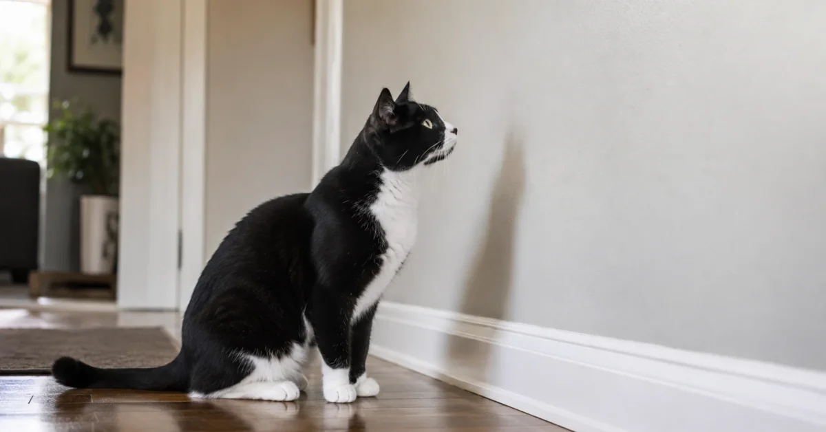 Black and white cat staring at a plain wall in a calm home setting.