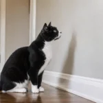 Black and white cat staring at a plain wall in a calm home setting.
