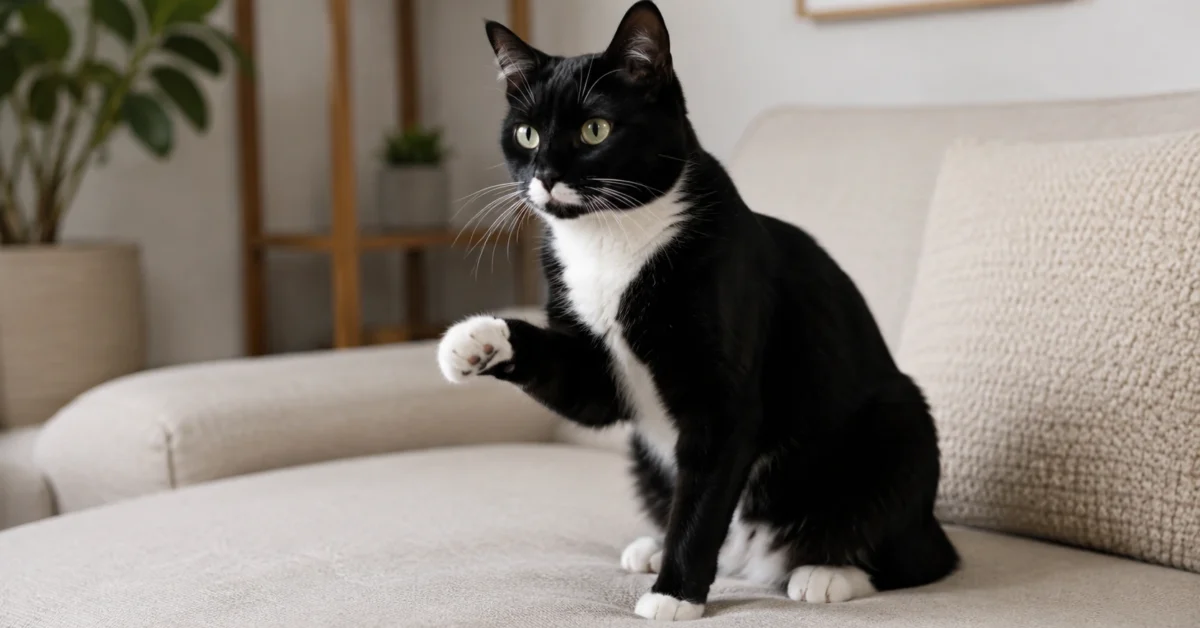 Black-and-white tuxedo cat sitting near a neutral sofa with one front paw slightly raised in a cautious boundary-signalling posture.