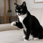 Black-and-white tuxedo cat sitting near a neutral sofa with one front paw slightly raised in a cautious boundary-signalling posture.