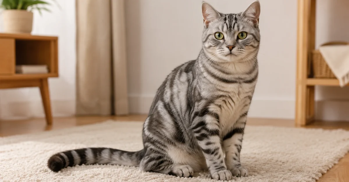 Silver tabby cat sitting calmly on a soft rug with its tail curved beside its body.