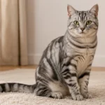 Silver tabby cat sitting calmly on a soft rug with its tail curved beside its body.