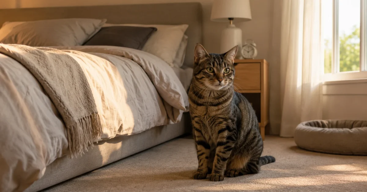 Brown mackerel tabby cat sitting calmly near the foot of a bed in soft early morning light