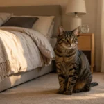 Brown mackerel tabby cat sitting calmly near the foot of a bed in soft early morning light