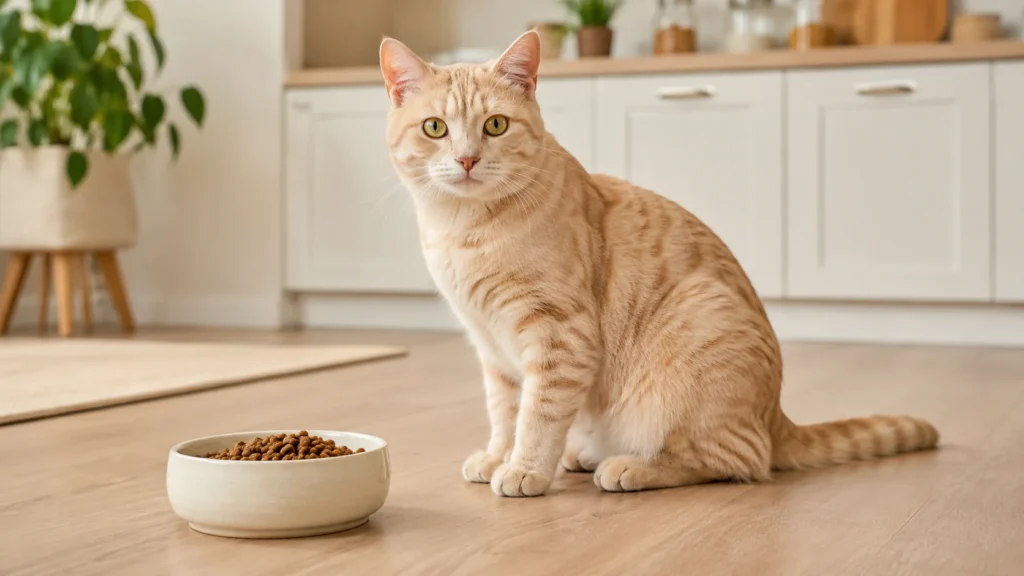 Cream tabby cat sitting beside a food bowl in a calm home kitchen