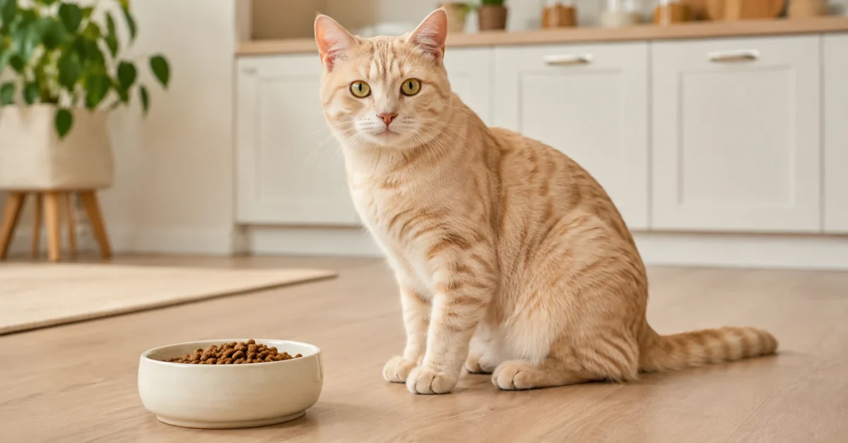 Cream tabby cat sitting beside a food bowl in a calm home kitchen