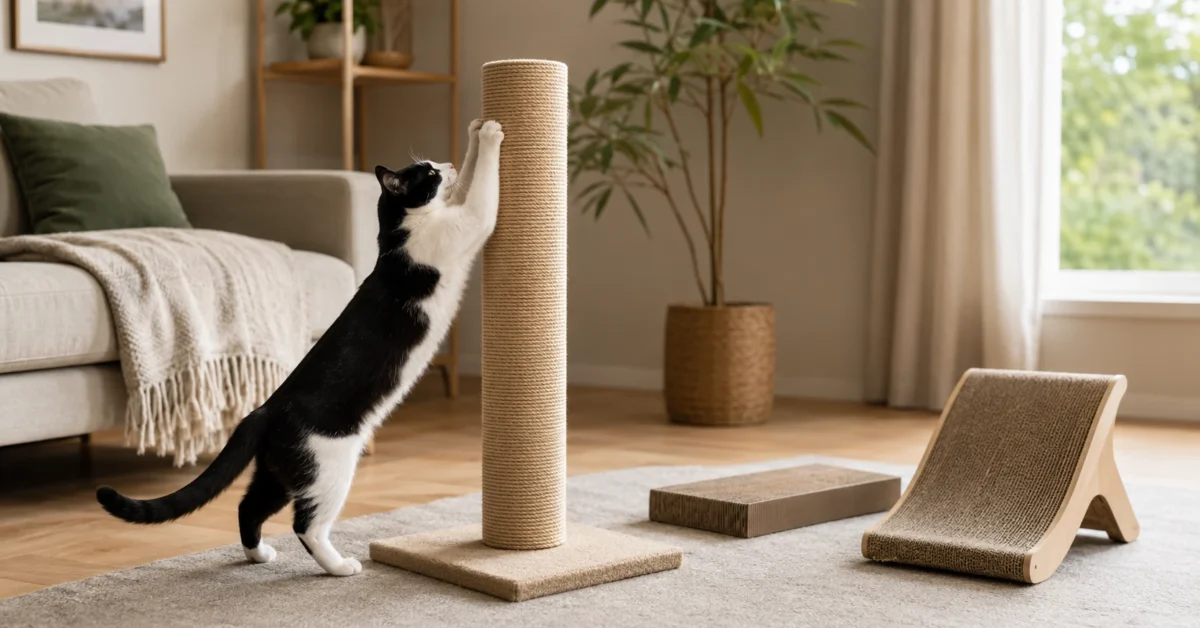 Black-and-white cat stretching up a stable sisal scratching post with horizontal and angled scratchers nearby