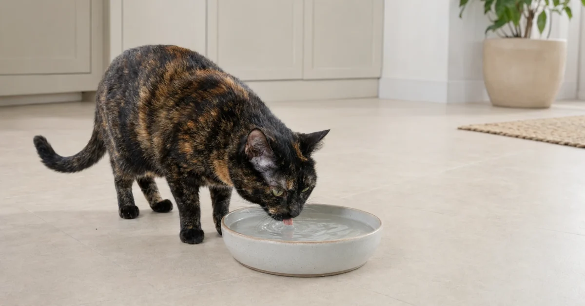 Black-and-ginger tortoiseshell cat drinking from a wide shallow ceramic water bowl