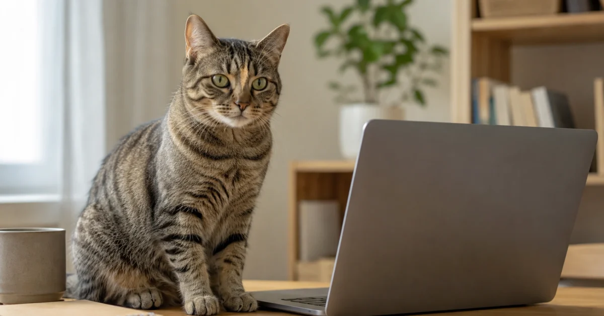 Cat sitting beside an open laptop on a tidy home desk