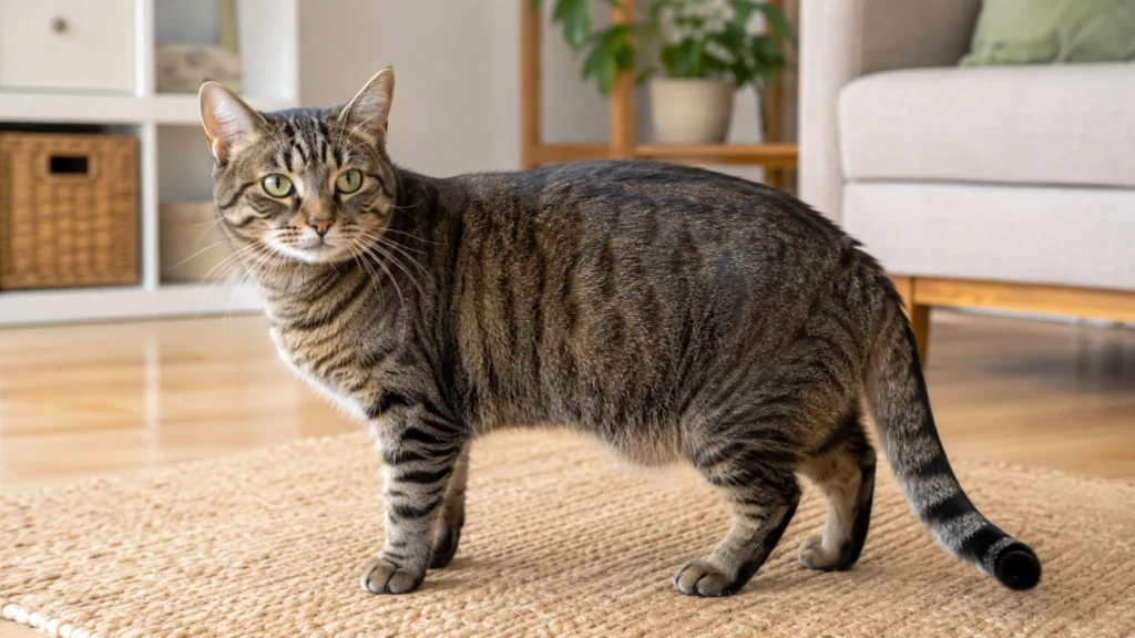 Healthy adult cat standing side-on in a calm home setting for body condition awareness.