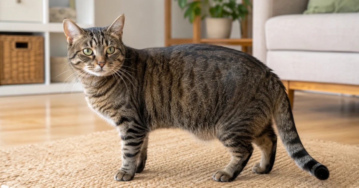 Healthy adult cat standing side-on in a calm home setting for body condition awareness.
