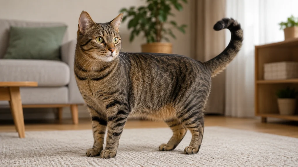 Calm adult cat showing clear body posture, ears, eyes, and tail position in a tidy indoor home setting