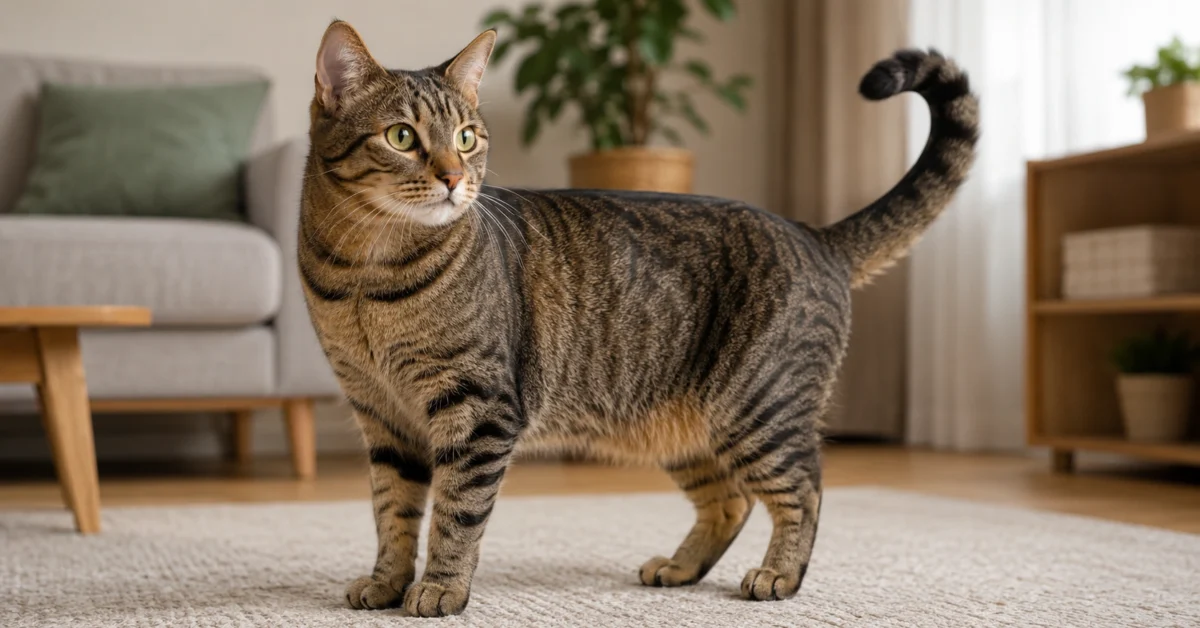 Calm adult cat showing clear body posture, ears, eyes, and tail position in a tidy indoor home setting