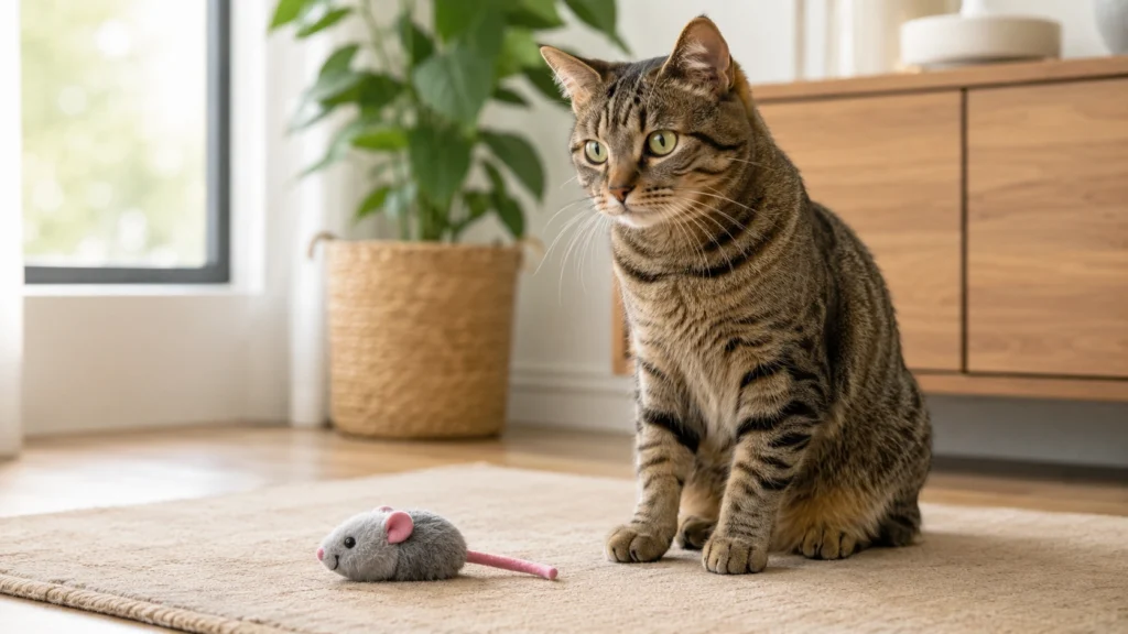 Cat standing beside a toy in a calm home setting