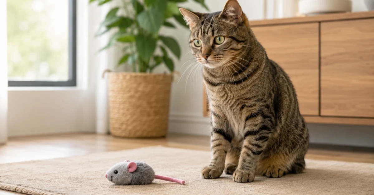 Cat standing beside a toy in a calm home setting