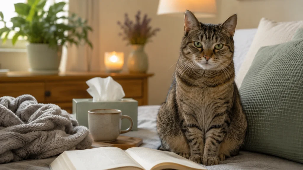 Calm adult cat sitting beside a tidy bed with a folded blanket and tissue box in a peaceful indoor home setting