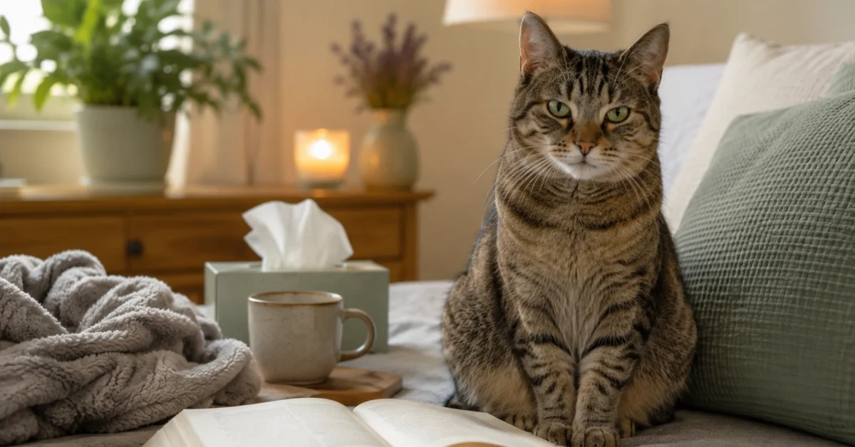 Calm adult cat sitting beside a tidy bed with a folded blanket and tissue box in a peaceful indoor home setting