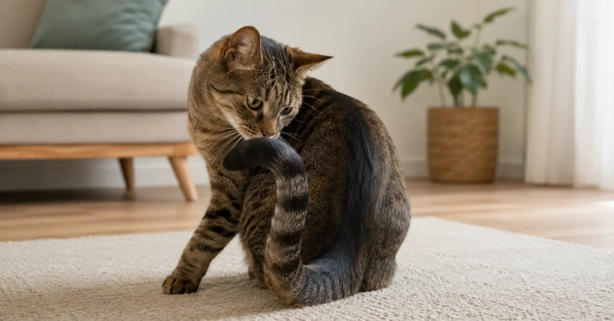 Healthy cat turning toward its tail in a calm home setting