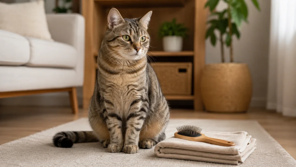 Adult cat beside a grooming brush for an article about cat dandruff and coat care.
