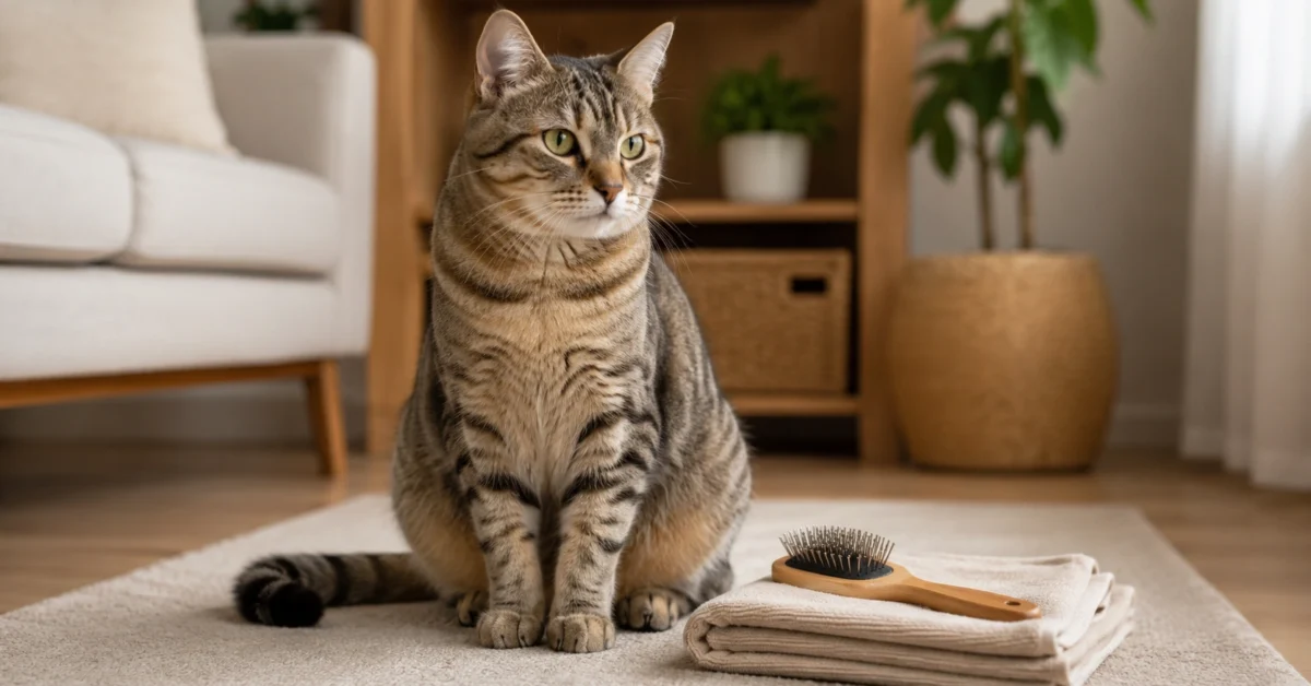 Adult cat beside a grooming brush for an article about cat dandruff and coat care.