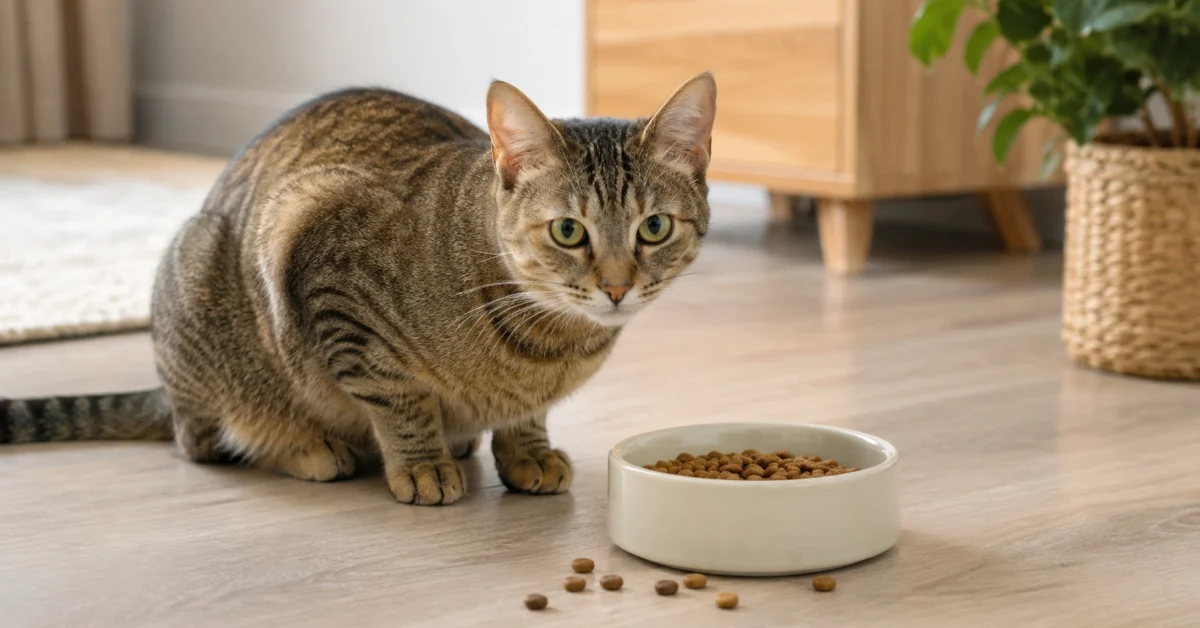 Cat eating near a clean food bowl with a few pieces of food outside the bowl