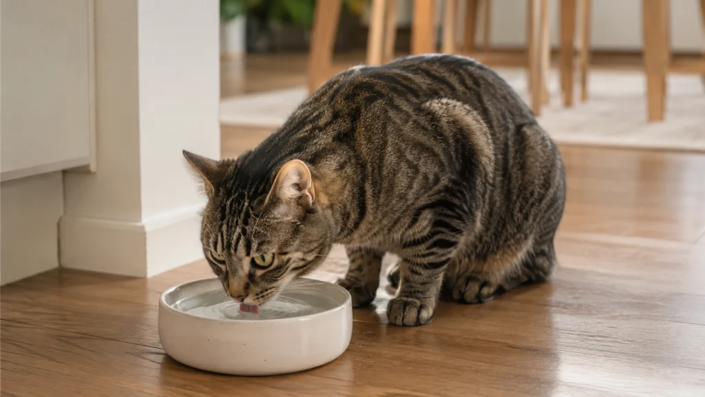 Cat drinking from a clean water bowl in a calm home setting