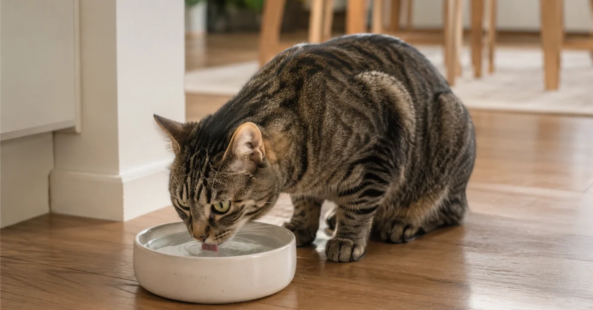 Cat drinking from a clean water bowl in a calm home setting