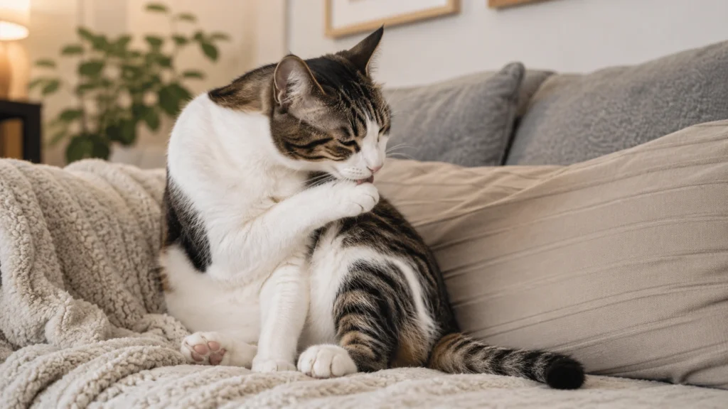 Relaxed cat grooming one paw on a soft couch after being petted in a calm indoor home