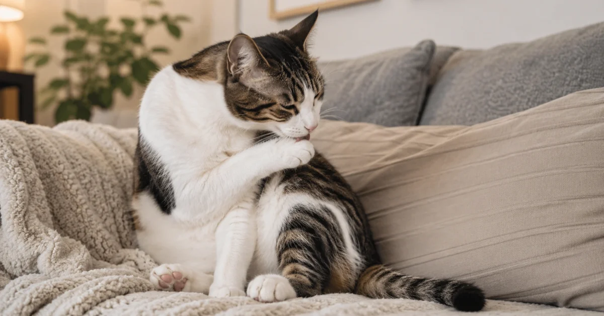 Relaxed cat grooming one paw on a soft couch after being petted in a calm indoor home