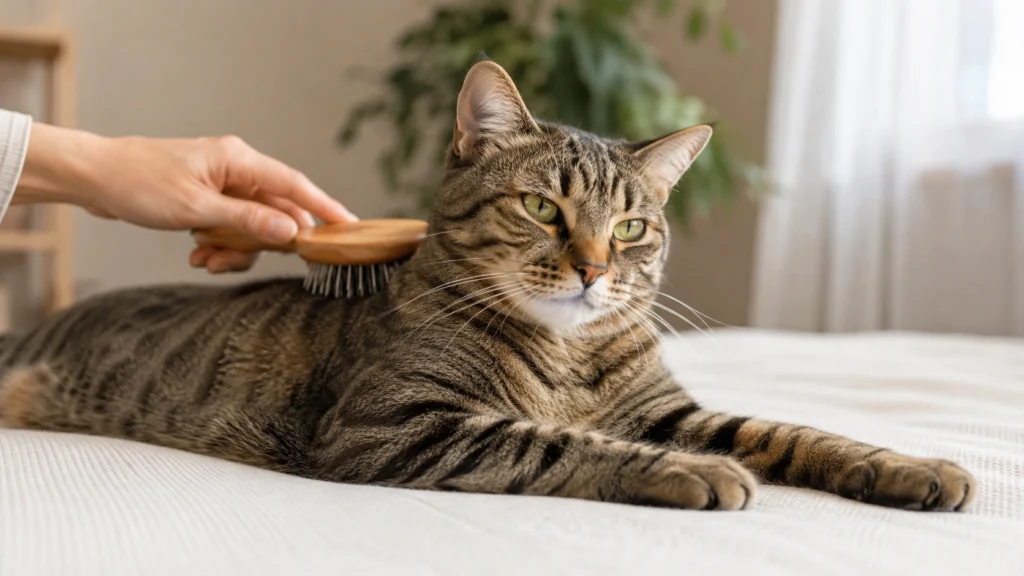 Calm cat being gently groomed at home