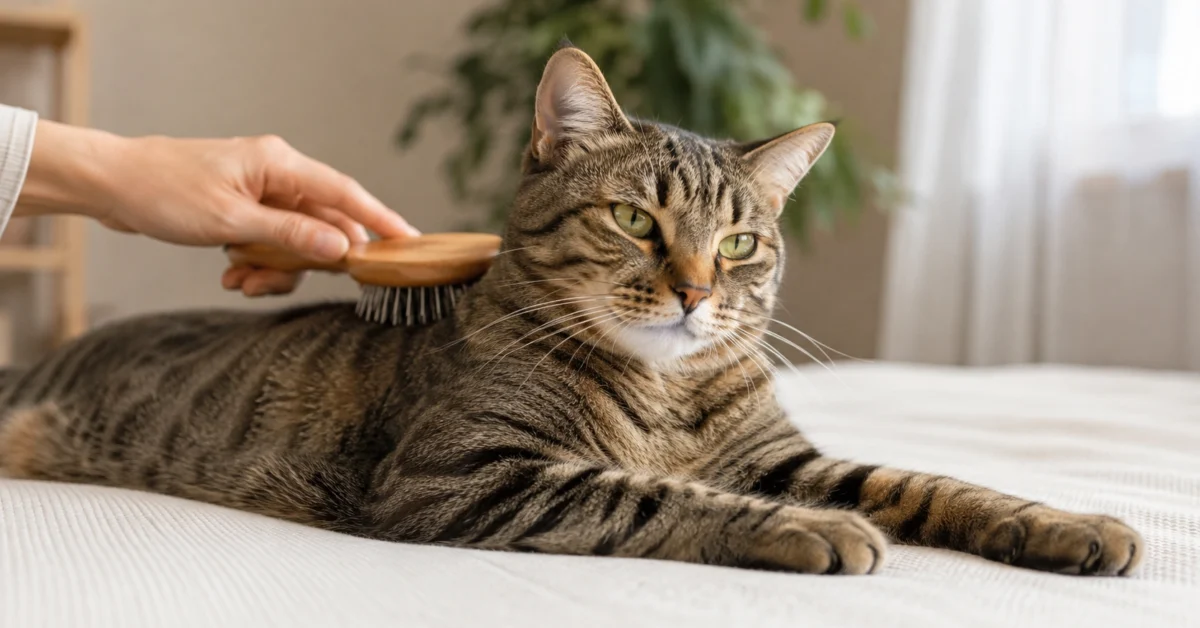 Calm cat being gently groomed at home