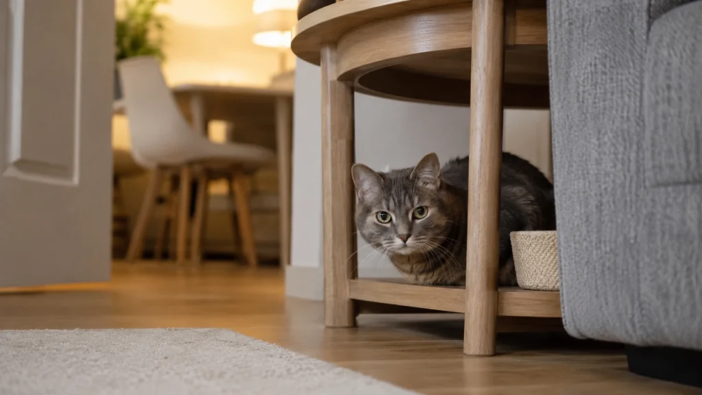 Cat hiding in a quiet room while visitors are in the home