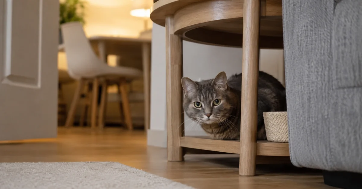 Cat hiding in a quiet room while visitors are in the home