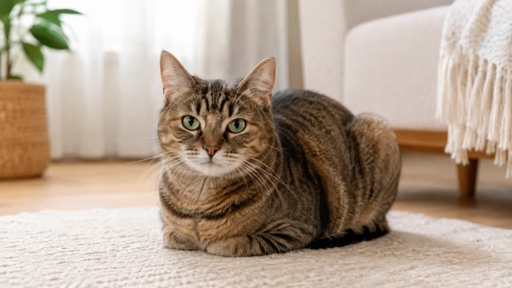 Relaxed cat sitting in a loaf position in a calm home setting