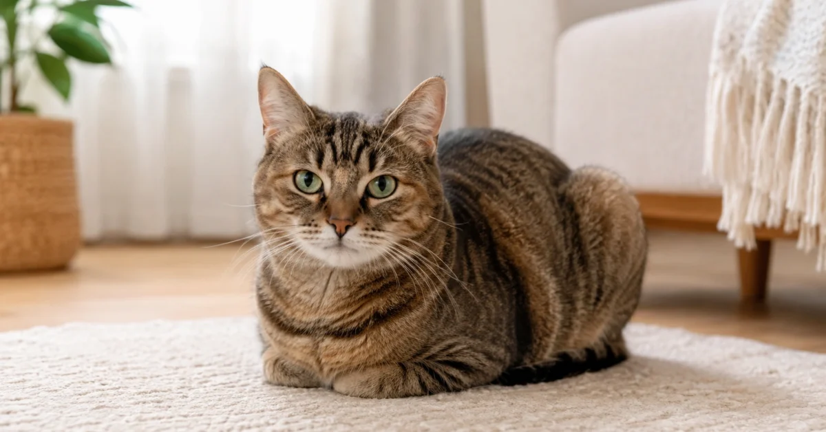 Relaxed cat sitting in a loaf position in a calm home setting