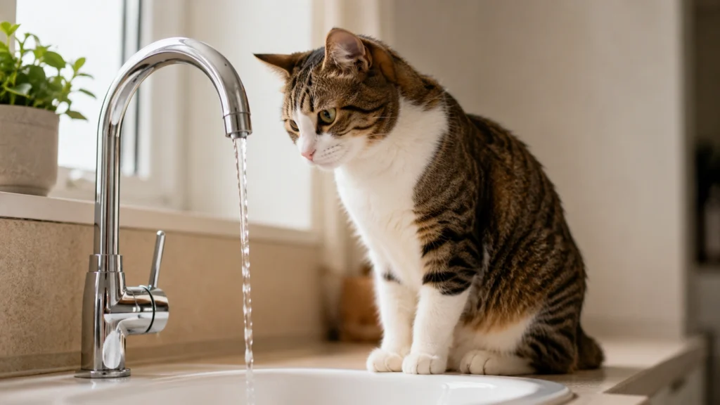 Cat looking at running water from a tap in a clean home setting