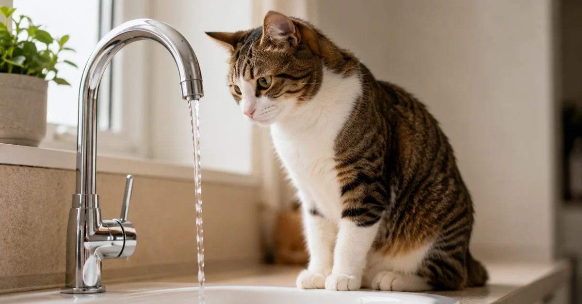 Cat looking at running water from a tap in a clean home setting