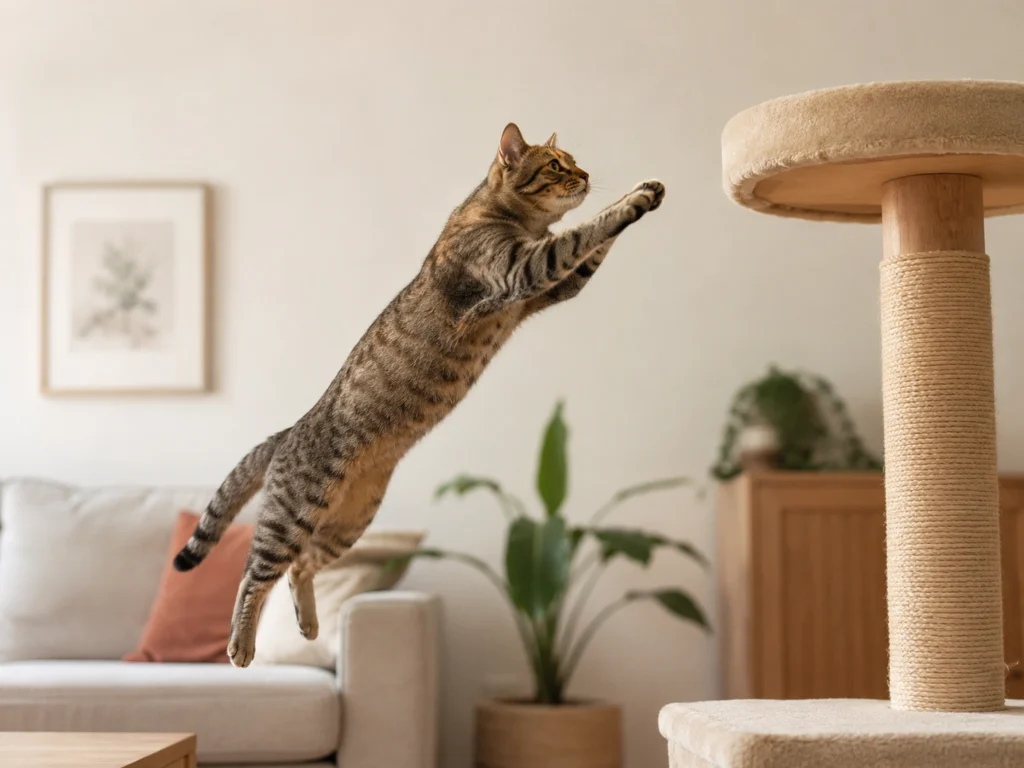 Healthy adult cat jumping upward in a calm indoor home setting.