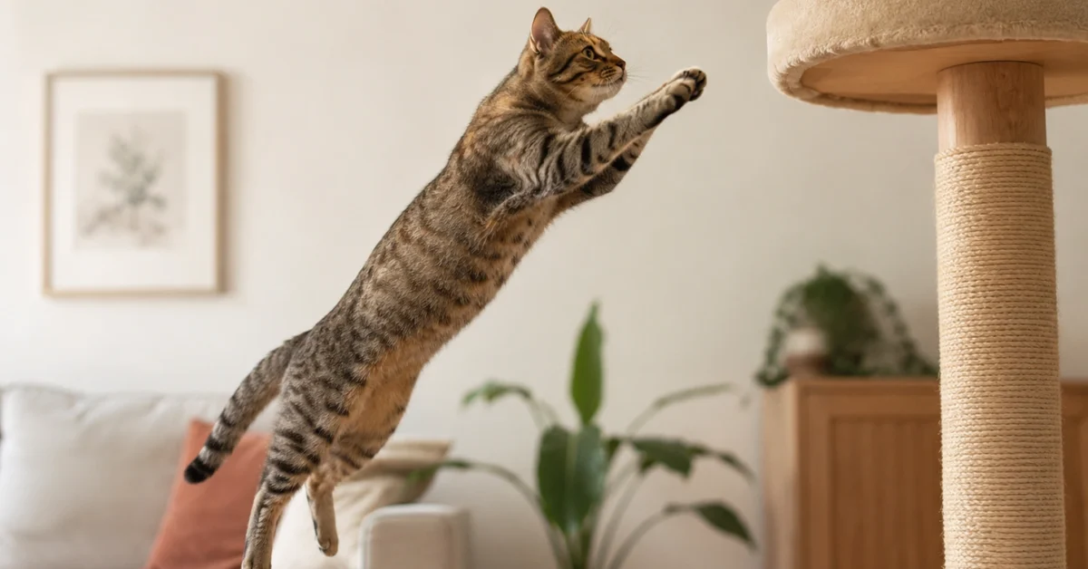 Healthy adult cat jumping upward in a calm indoor home setting.