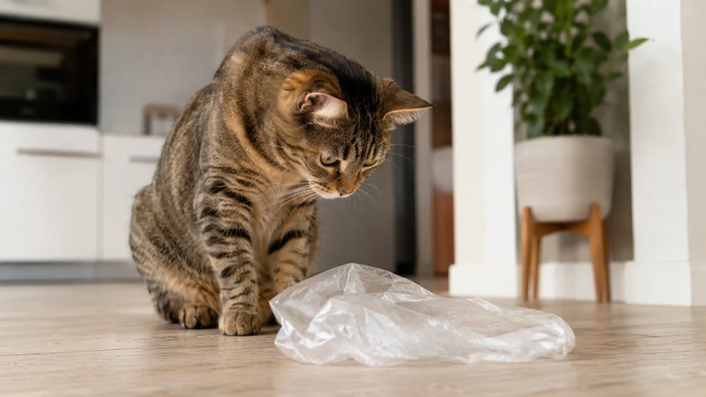 Curious adult cat sniffing a plain crinkled plastic bag on a clean indoor floor