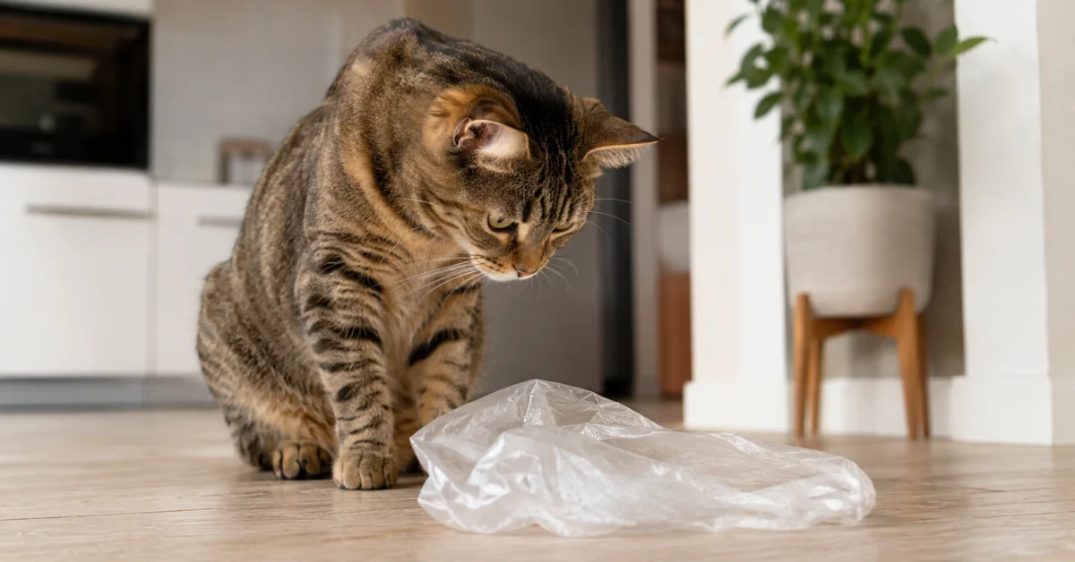 Curious adult cat sniffing a plain crinkled plastic bag on a clean indoor floor