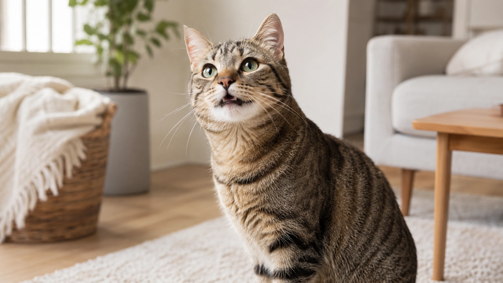 A healthy adult cat sitting indoors and looking alert as if making a soft trill sound.