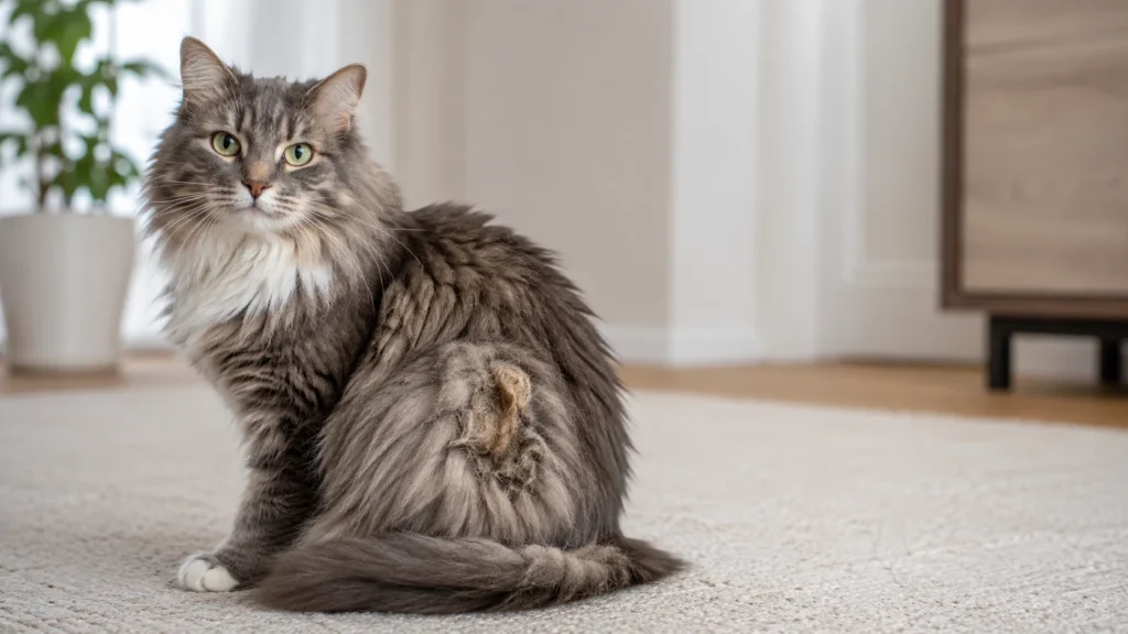 Long-haired cat with a localized patch of matted fur on its side