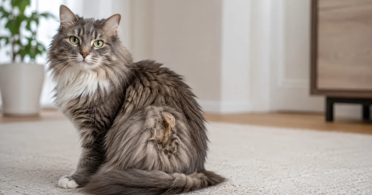 Long-haired cat with a localized patch of matted fur on its side