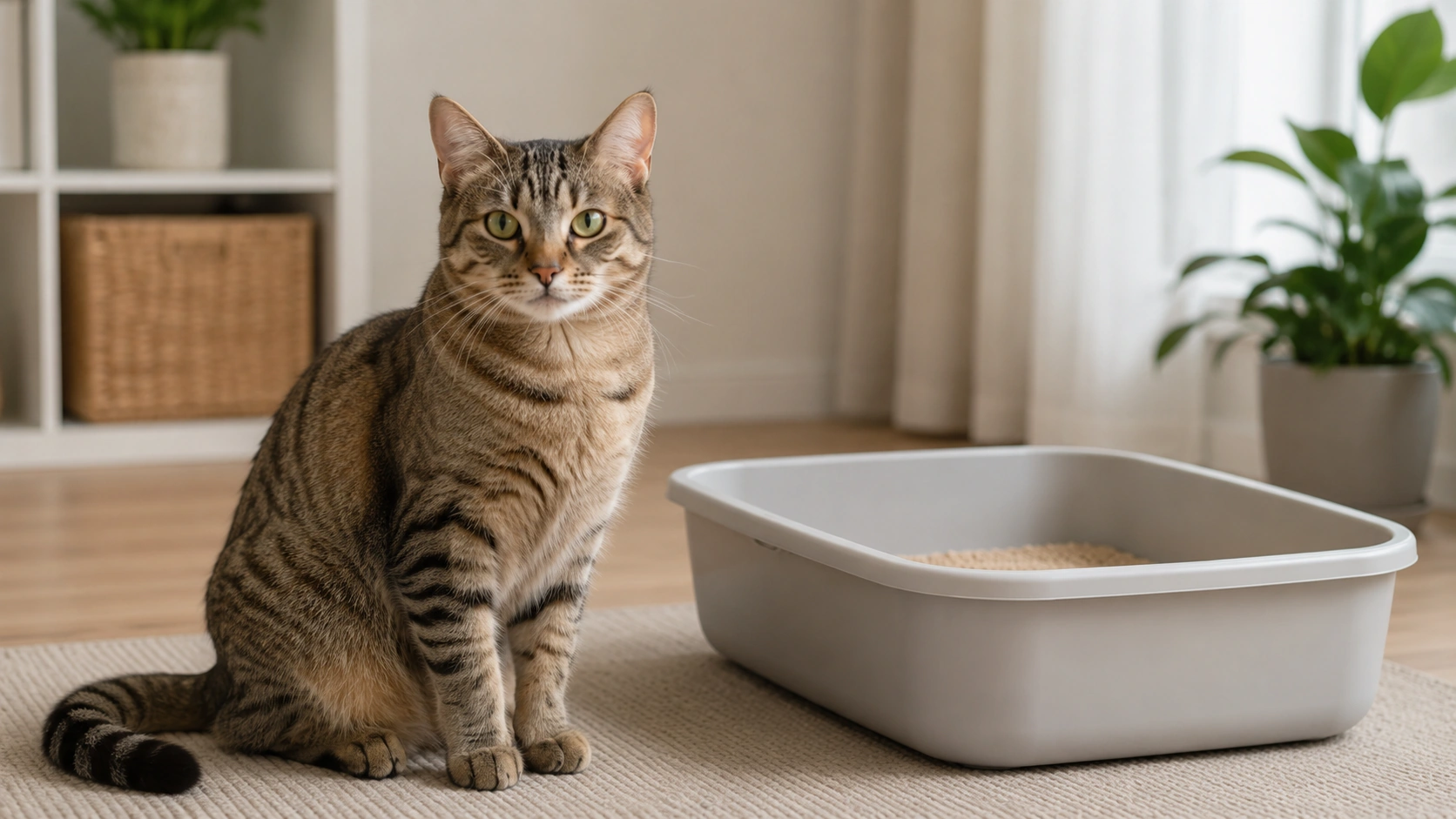 Calm cat near a clean litter box in a tidy home setting.