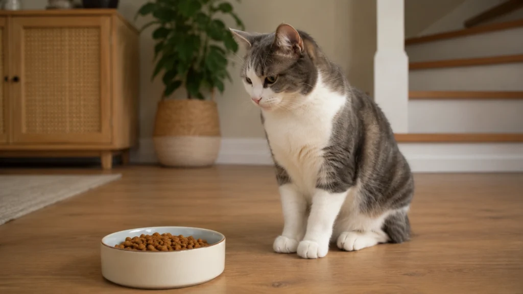 Calm cat sitting near a mostly full food bowl in a tidy indoor home